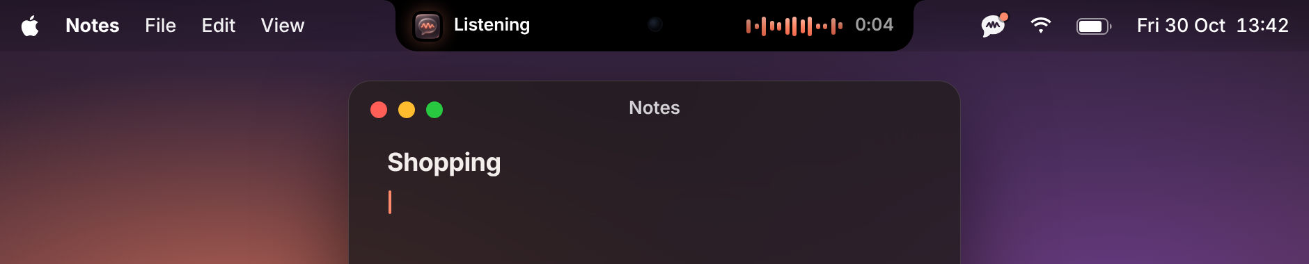 The Murmur notch showing Listening with a live waveform and timer above a Notes window