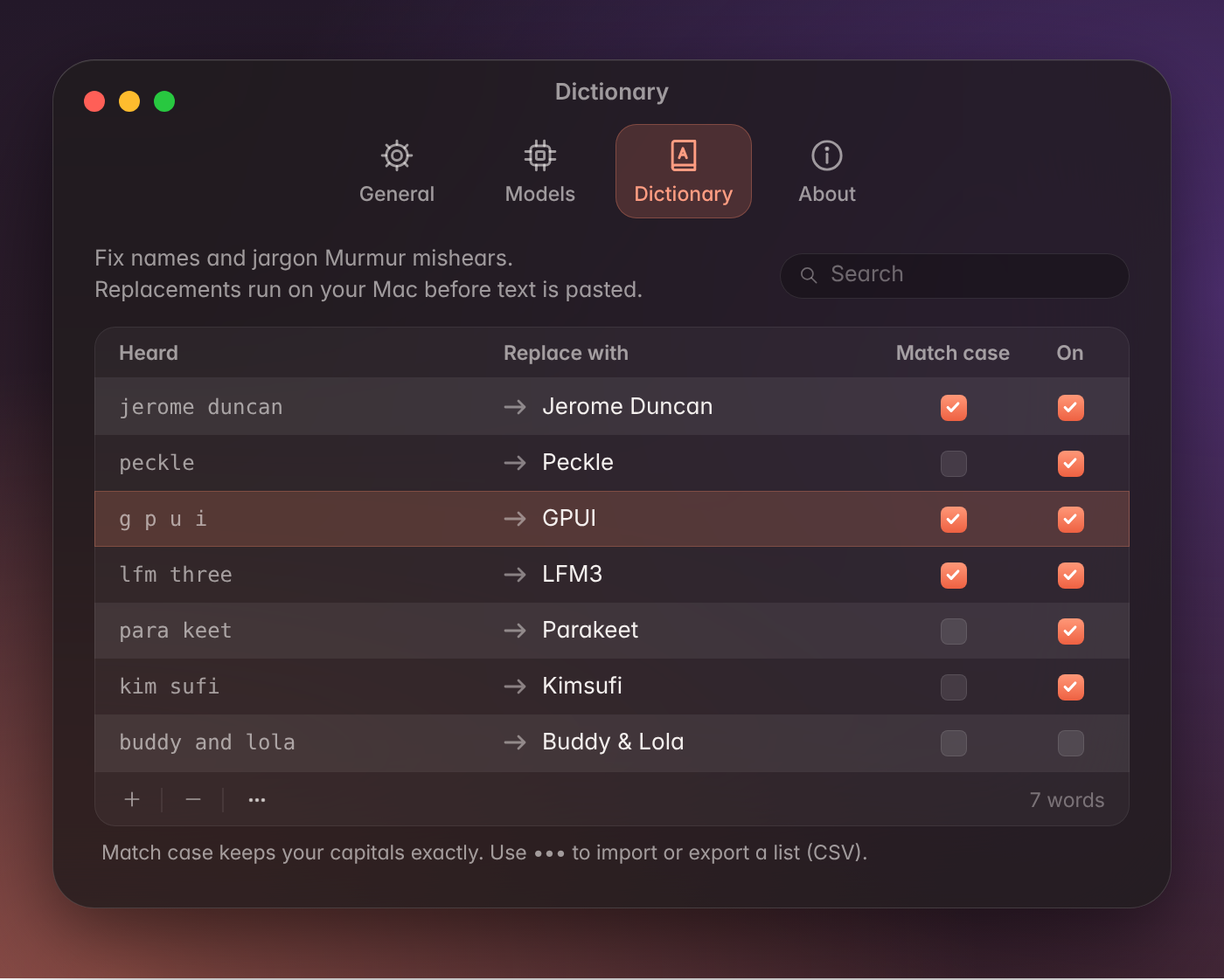 Murmur's Dictionary settings listing custom names and terms
